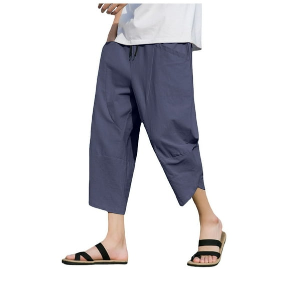 Bcfgryg Mens Solid Color Loose Cotton And Linen Cropped Trousers Plus Size Fashionable Casual Sports Pants Men’s Pants