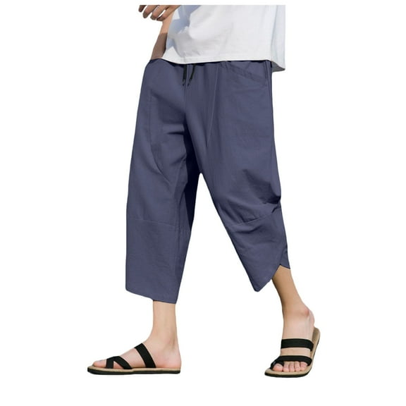 Bcfgryg Mens Solid Color Loose Cotton And Linen Cropped Trousers Plus Size Fashionable Casual Sports Pants Men’s Pants