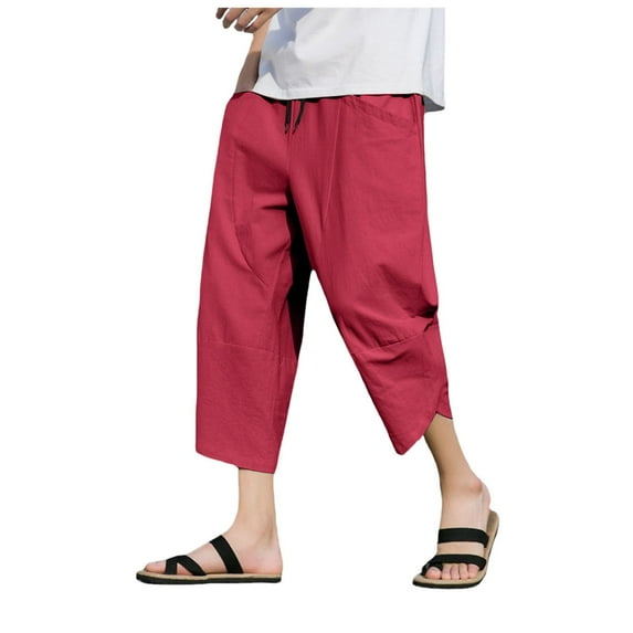 Bcfgryg Mens Solid Color Loose Cotton And Linen Cropped Trousers Plus Size Fashionable Casual Sports Pants Men’s Pants