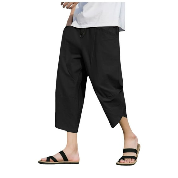 Bcfgryg Mens Solid Color Loose Cotton And Linen Cropped Trousers Plus Size Fashionable Casual Sports Pants Men’s Pants