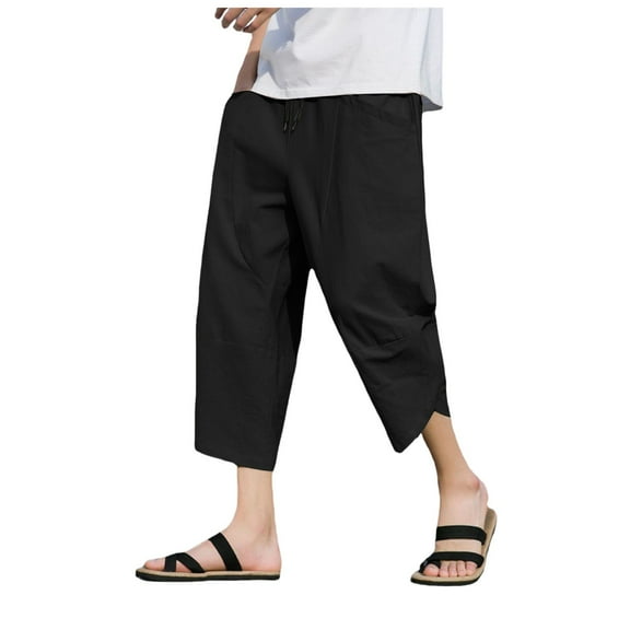 Bcfgryg Mens Solid Color Loose Cotton And Linen Cropped Trousers Plus Size Fashionable Casual Sports Pants Men’s Pants