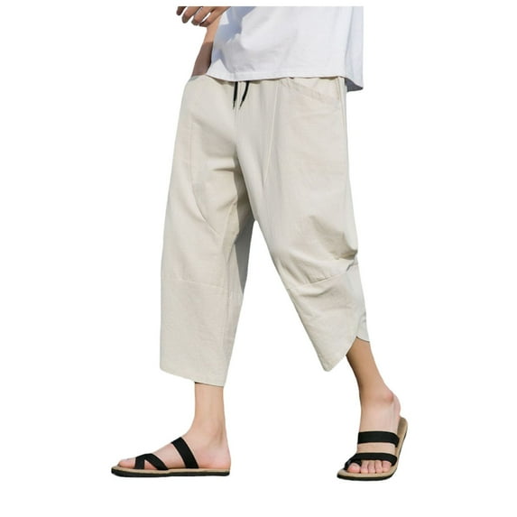 Bcfgryg Mens Solid Color Loose Cotton And Linen Cropped Trousers Plus Size Fashionable Casual Sports Pants Men’s Pants