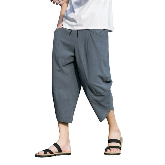 Bcfgryg Mens Solid Color Loose Cotton And Linen Cropped Trousers Plus Size Fashionable Casual Sports Pants Men’s Pants