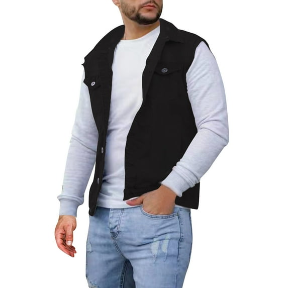 Bcfgryg Mens Spring And Autumn Fashion Leisure High Street Edge Solid Color Buckle Lapel Slim Denim Jcket Vest Vest Mens Waterproof Jacket Black M