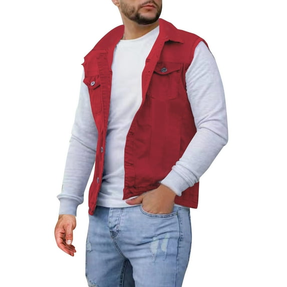 Bcfgryg Mens Spring And Autumn Fashion Leisure High Street Edge Solid Color Buckle Lapel Slim Denim Jcket Vest Vest Mens Waterproof Jacket Red XXL