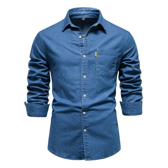 Bcfgryg Mens Spring And Autumn Fashion Leisure Solid Color Buckle Lapel Denim Jcket Coat Top Blouse Features Men's Slim Fit Dress Shirts