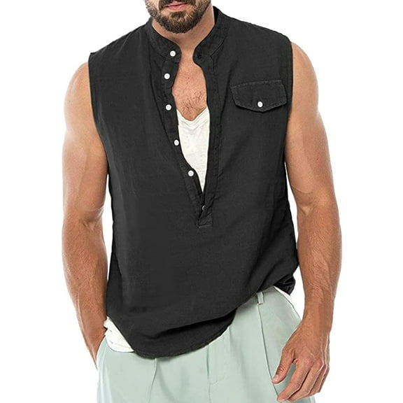 Bcfgryg Mens Spring Summer Cotton Linen Pure Color Casual Sleeveless Buttons Shirts Tops Blouse Slim Fit Dress Shirts Men Black