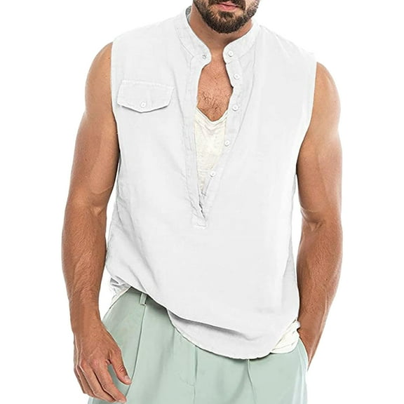 Bcfgryg Mens Spring Summer Cotton Linen Pure Color Casual Sleeveless Buttons Shirts Tops Blouse Slim Fit Dress Shirts Men White