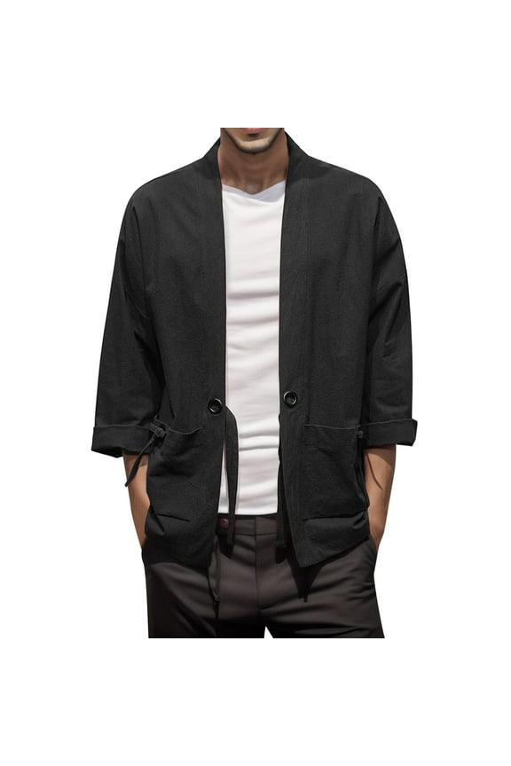 Mens Style National Style Retro Loose Thin Cardigan Kimono Japanese Robe 7 Cropped Sleeve Coat Plus Size Retro Hanfu Tang Suit Men Sweaters Black XL