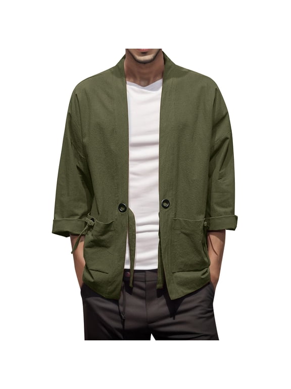 Mens Style National Style Retro Loose Thin Cardigan Kimono Japanese Robe 7 Cropped Sleeve Coat Plus Size Retro Hanfu Tang Suit Men Sweaters Green L
