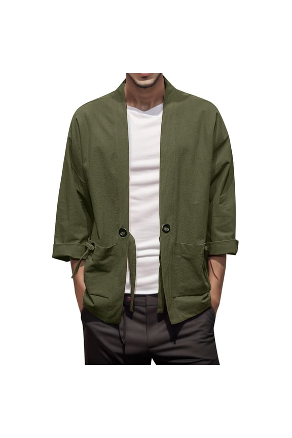 Mens Style National Style Retro Loose Thin Cardigan Kimono Japanese Robe 7 Cropped Sleeve Coat Plus Size Retro Hanfu Tang Suit Men Sweaters Green XXXL