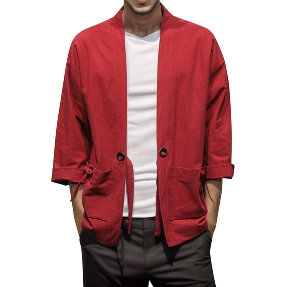Bcfgryg Mens Style National Style Retro Loose Thin Cardigan Kimono Japanese Robe 7 Cropped Sleeve Coat Plus Size Retro Hanfu Tang Suit Men Sweaters Red M