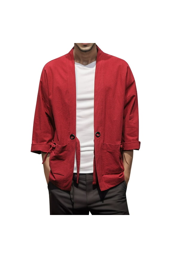 Mens Style National Style Retro Loose Thin Cardigan Kimono Japanese Robe 7 Cropped Sleeve Coat Plus Size Retro Hanfu Tang Suit Men Sweaters Red M