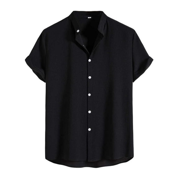 Bcfgryg Mens Summer Casual Solid Color Standing Crepe Short Sleeve Shirt Business Shirts Men