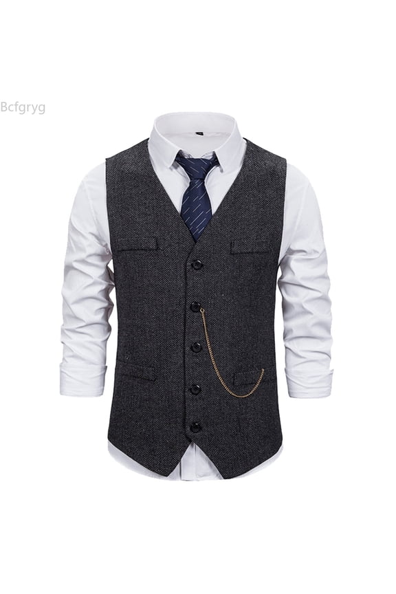 Mens Western Herringbone Suit Vest Cotton Blend Slim Fit Vest For Men Black L