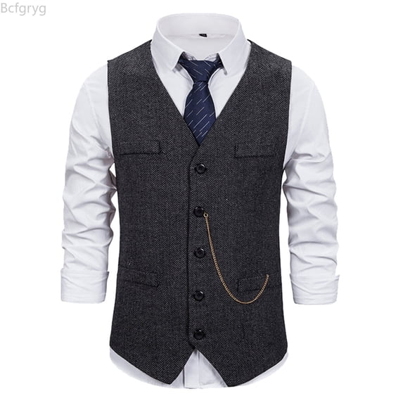 Bcfgryg Mens Western Herringbone Suit Vest Cotton Blend Slim Fit Vest For Men Black XXL