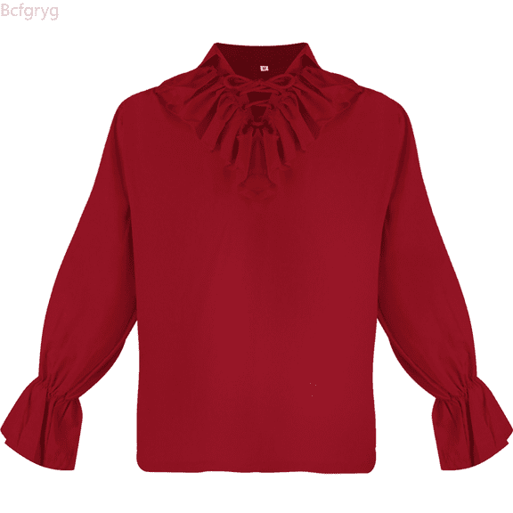 Bcfgryg New Lapel Pleated Puffy Sleeve Shirt Vintage Solid Color Shirt Men's Shirt Western Shirts Red M