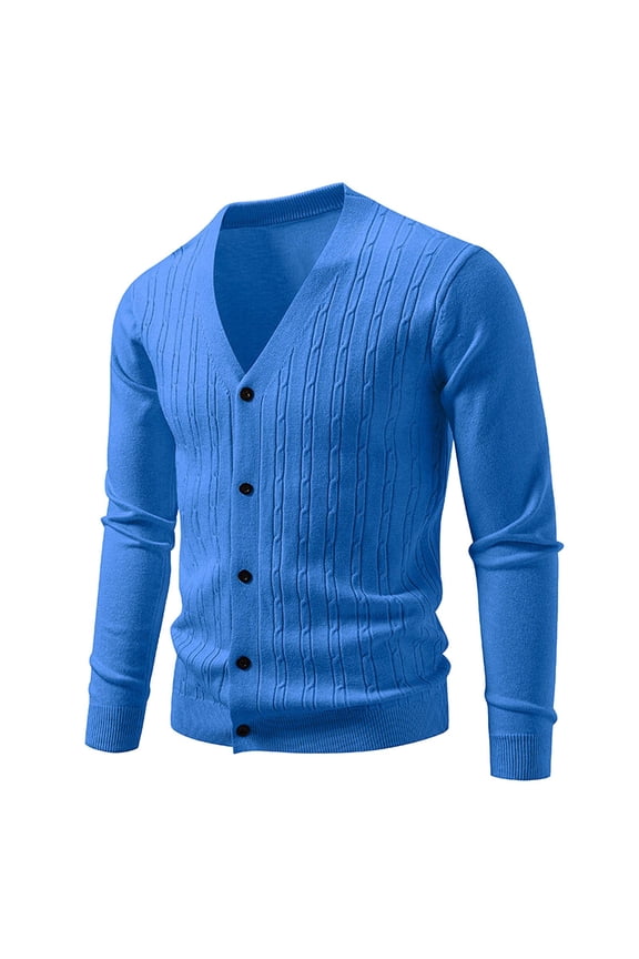New Men's V Neck Jacquard Knitted Sweater Jacket Long Cardigan Men Blue M