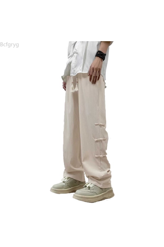 New National Style Ice Silk Wrinkled Casual Pants For Men In Summer Thin Loose Straight Leg Hanging Antique Style Pants Men’s Casual Pants Yellow XXL