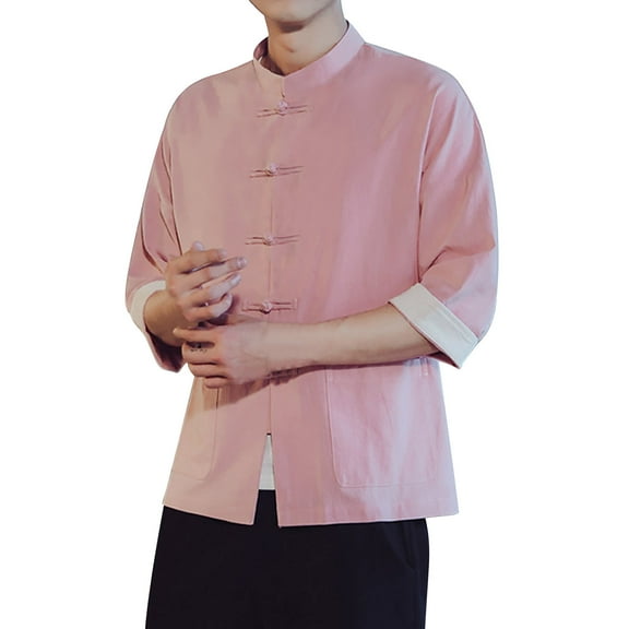 Bcfgryg Retro Collar Cotton Short Sleeved T Shirt Men'S Tang Clothing Plate Buckle Casual Hanfu Men'S Breathable Cotton Shirt Button Down Shirts Men Red