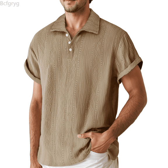 Bcfgryg Short Sleeve Loose Knit Jacquard Shirt Comfortable Breathable Casual Top For Daily Wear And Outdoor Activities Big and Tall Shirts Yellow M