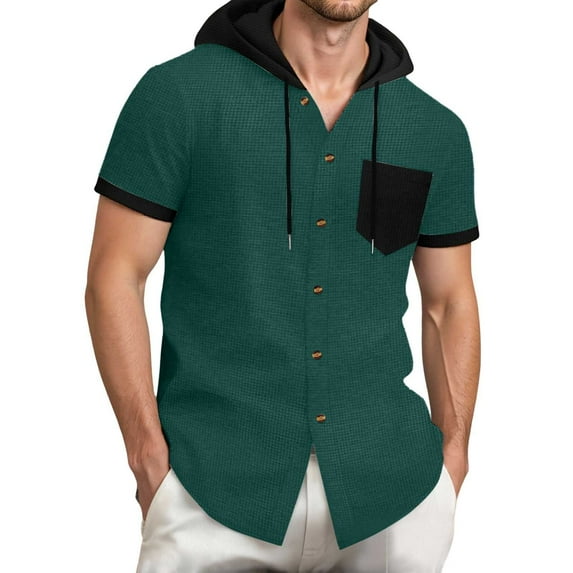 Bcfgryg Stylish Men's Shirts For Casual Wear Hooded Button Up Shirt With Color Block Design Summer For Everyday Comfort And Versatility Men's Casual Shirts