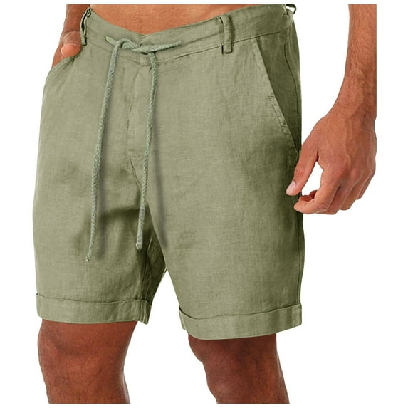 Bcfgryg Summer Cotton Linen Shorts For Men Solid Color Casual Drawstring Waist Lightweight Breathable Knee Length Cargo Shorts Men Green L