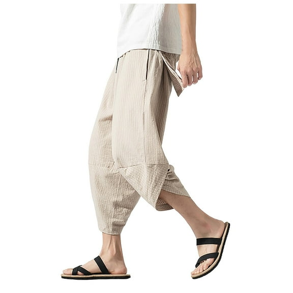Bcfgryg Summer Cropped Pants Men's Retro Striped Casual Pants Trend Large Size Baggy Wide Leg Knickers Men’s Casual Pants