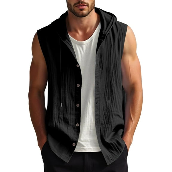 Bcfgryg Summer Men's Casual Sleeveless Hooded Shirt Linen Hooded Solid Color Breathable And Loose Top Lightweight Men's Jacket For Hiking Black S