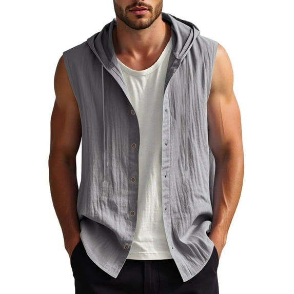 Bcfgryg Summer Men's Casual Sleeveless Hooded Shirt Linen Hooded Solid Color Breathable And Loose Top Lightweight Men's Jacket For Hiking Gray XL