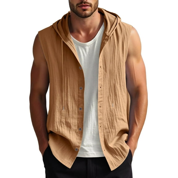 Bcfgryg Summer Men's Casual Sleeveless Hooded Shirt Linen Hooded Solid Color Breathable And Loose Top Lightweight Men's Jacket For Hiking Orange XXL