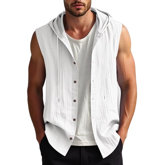 Bcfgryg Summer Men's Casual Sleeveless Hooded Shirt Linen Hooded Solid Color Breathable And Loose Top Lightweight Men's Jacket For Hiking White XL