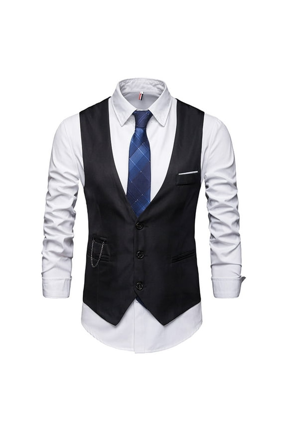 Summer New Men's Solid Suit Vest British Slim Fit Large Sweetheart Formal Vest Men's Jacket Black L