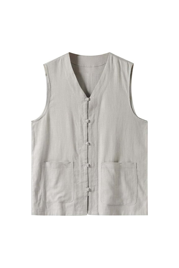 Summer Thin Men's Vest Cotton Linen Vest V Neck Large Size Linen Jacket Tang Suit Men's Work Vest