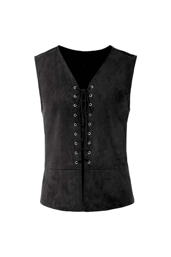 Vintage Medieval Men Vest Laced Up Renaissance Sleeveless Solid Waistcoat Gothic Mens Coats Black L