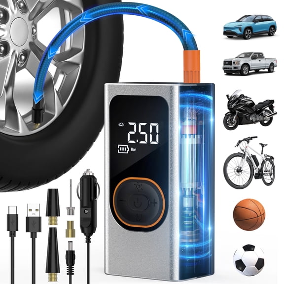 Scootworks Cordless Tire Inflator Portable Air Compressor, Dual Mode Inflation, Auto Air Pump for Car Tires, Motorcycle, Bikes, Smart Electric Pump with LED Light & Digital Pressure Gauge
