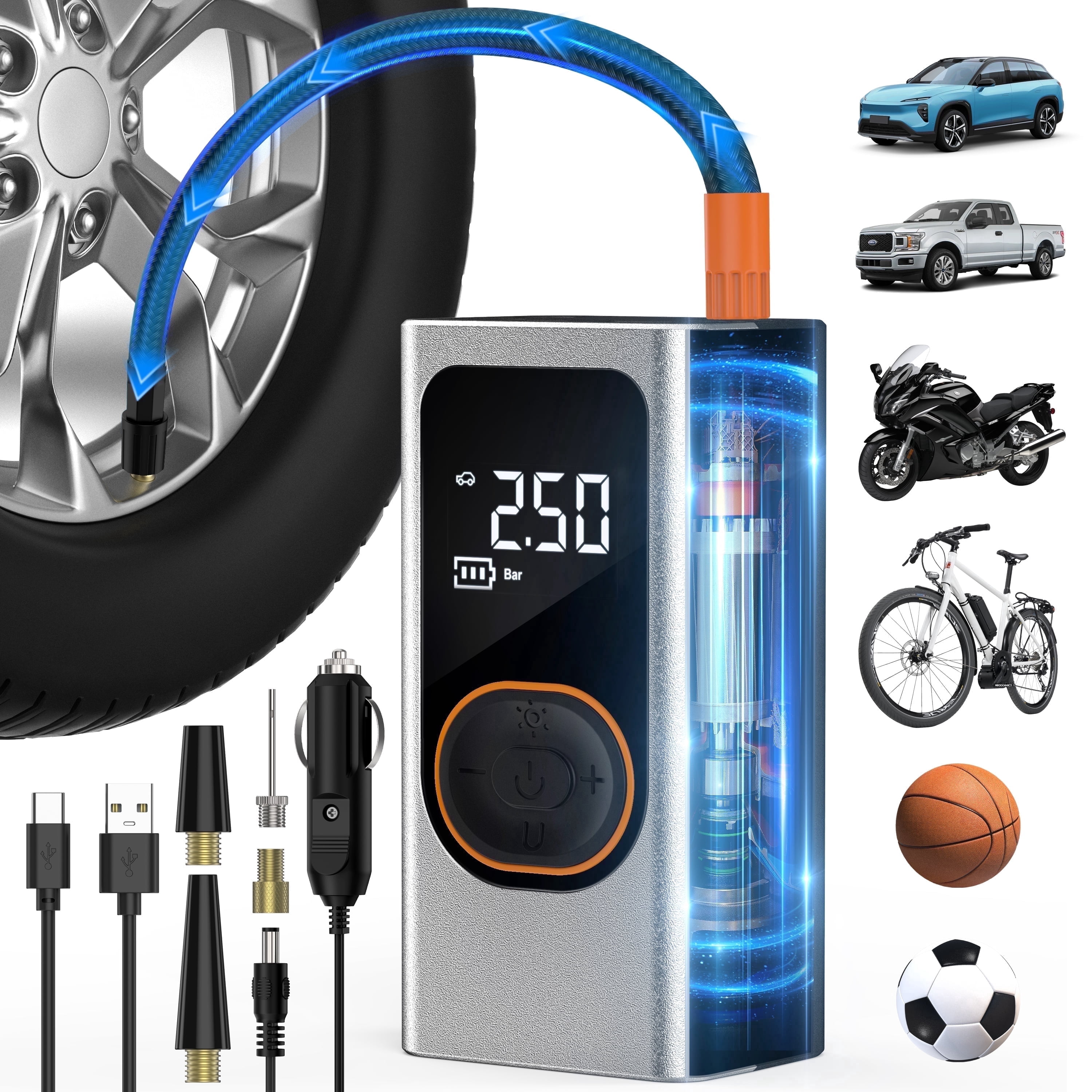 Scootworks Cordless Tire Inflator Portable Air Compressor, Dual Mode Inflation, Auto Air Pump for Car Tires, Motorcycle, Bikes, Smart Electric Pump with LED Light & Digital Pressure Gauge