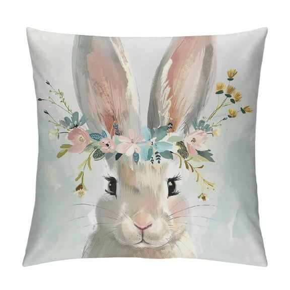 Bciig 1PC Rabbit Floral Crown Beatrix Potter Graphic Decorative Cushion Cover for Home Living Room Sofa Bedroom, Short Plush Material 22x22in