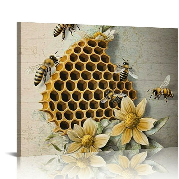 Bciig Bees Honeycomb Print on Canvas Wall Art Home Office Decor 20x16in