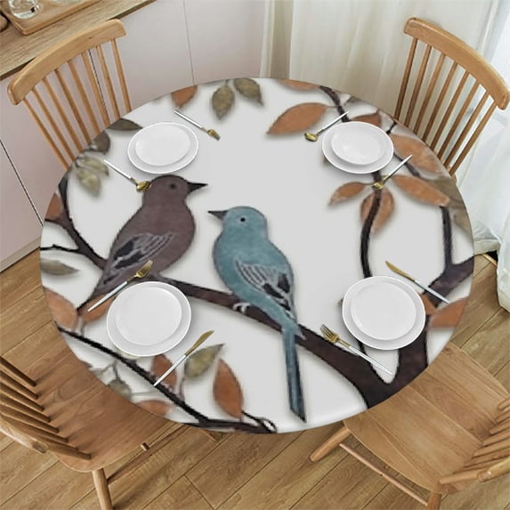 Bciig Birds Branch Leaves Round Tablecloth Stain Resistant Washable for Indoor Outdoor Kitchen Dining Wedding Parties 100% Polyester Fiber 38"-42