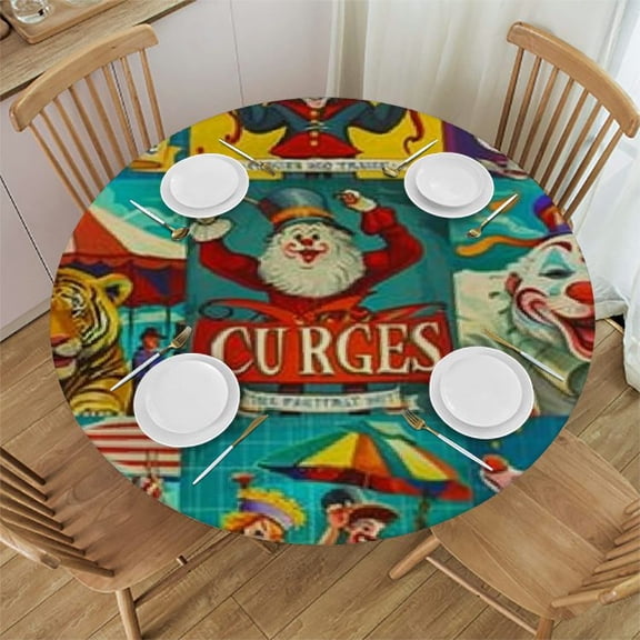 Bciig Circus Animals Clowns Circus Poster Round Table Cover Stain Resistant Washable Indoor Outdoor Tablecloth Kitchen Dining Wedding Parties 100% Polyester Fiber 31"-35