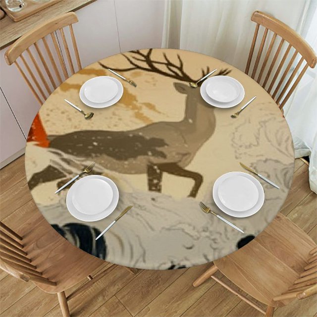 Bciig Deer Wave Sun Round Table Cover Stain Resistant Washable Indoor