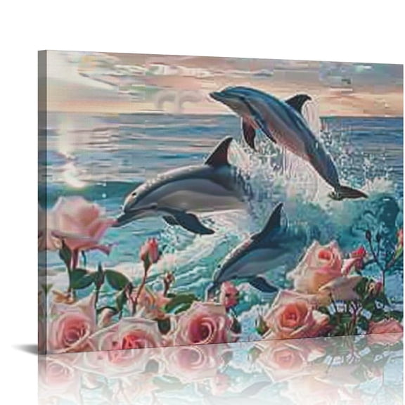 Bciig Dolphins Roses Wave Art Modern Canvas Prints Living Room Bedroom Office Wall Decor 20x16in