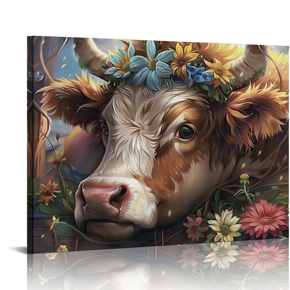 Bciig Fantasy Cow Flowers Canvas Print Wall Decor for Living Room Bedroom Office, High Resolution Artwork, Handmade, Waterproof Paper, Wonderful Gift Set 20x16in