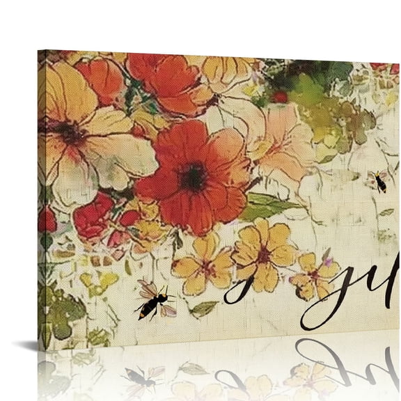 Bciig Flowers Bees Cursive Writing Canvas Prints Wall Art for Living Room Bedroom Office Decor 20x16in