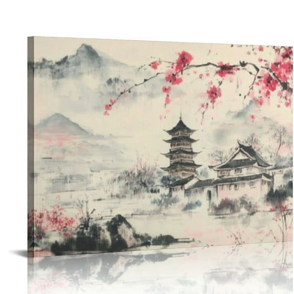 Bciig Flowers Pagoda Chinese Landscape Wall Decor Canvas Art Print for Living Room Bedroom Home Office Wall Decor 16x12in