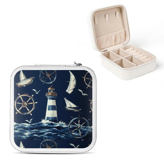 Bciig Lighthouse Ocean PU Leather Travel Jewelry Box for Necklace, Ring, Earring - Compact Size & Versatile Storage Solution - Ideal Mother's Day Gift White