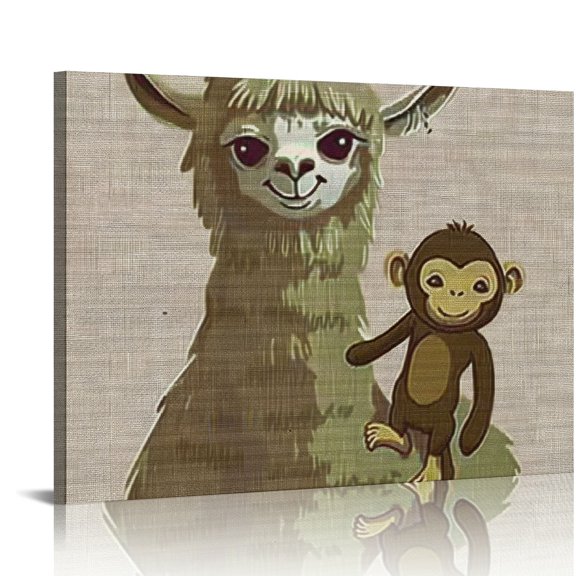 Bciig Llama Monkey Cute Art Modern Canvas Prints Living Room Bedroom Home Office Wall Decor Waterproof Tear Resistant Quality Paper Aesthetic Decoration 16x12in