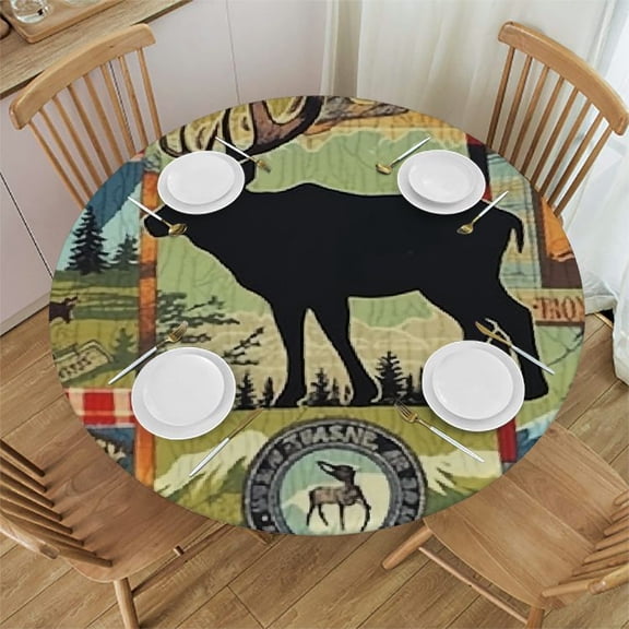 Bciig Moose Deer Patchwork Quilt Round Table Cover Stain Resistant Washable Indoor Outdoor Tablecloth Kitchen Dining Wedding Parties Full Width Single-Sided Printing 100% Polyester Fiber 46"-50