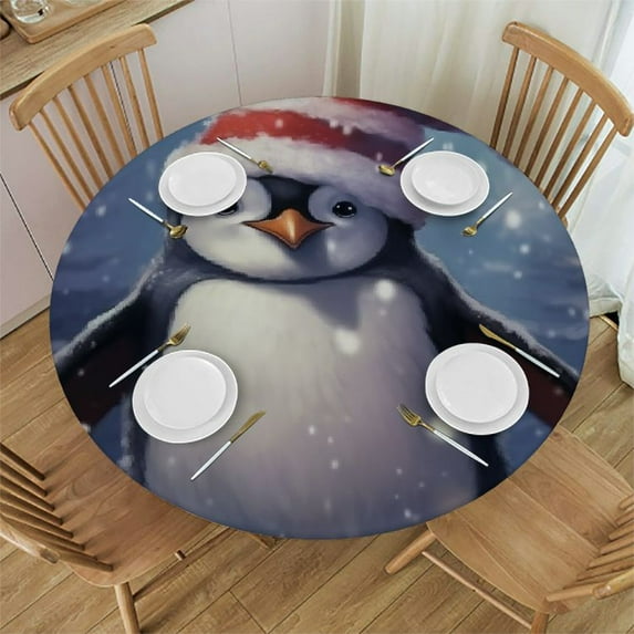 Bciig Penguin Santa Hat Round Table Cover Stain Resistant Washable Indoor Outdoor Kitchen Dining Wedding Parties 100% Polyester Waterproof Christmas for Picnic Farmhouse 31"-35